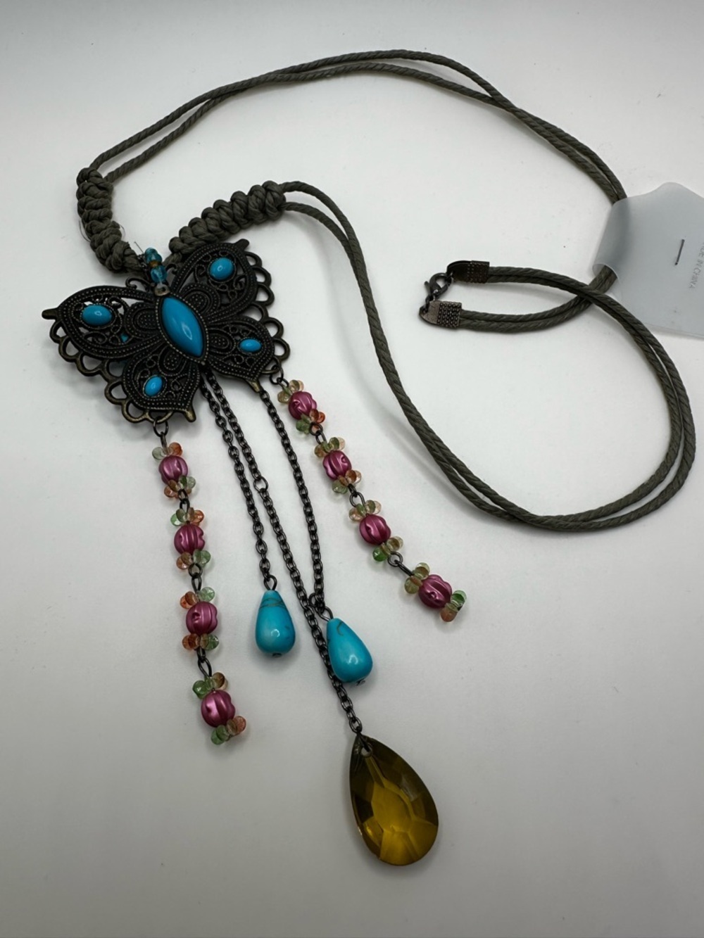 Boho Butterfly Pendant  Faux Turqouise And Floral Beads Nature Cord Necklace - Picture 3 of 4